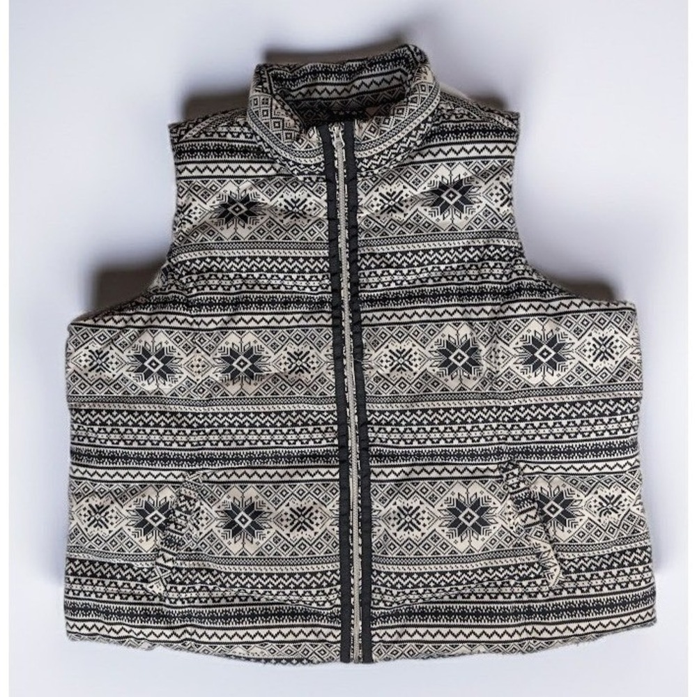 Lands End Down Puffer Vest Women's 3X Black White Fair Isle Snowflake Zip Up